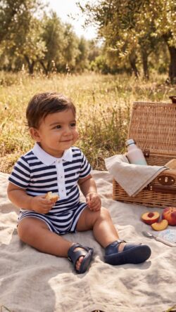 NAVY WIDE STRIPES - ROMPER front